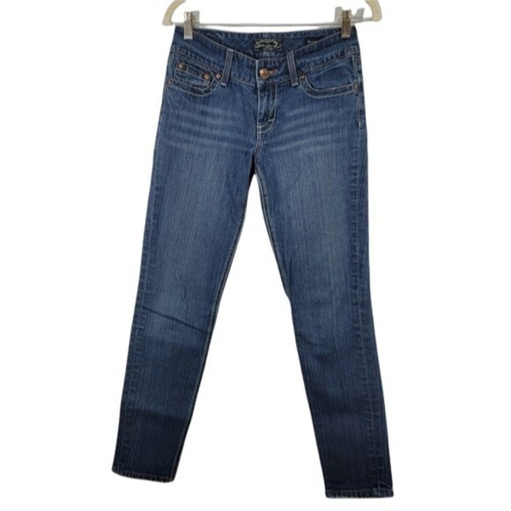 Seven 7 Skinny Jeans Blue Denim Embroidered Pockets Stretch Womens Size 26 EUC